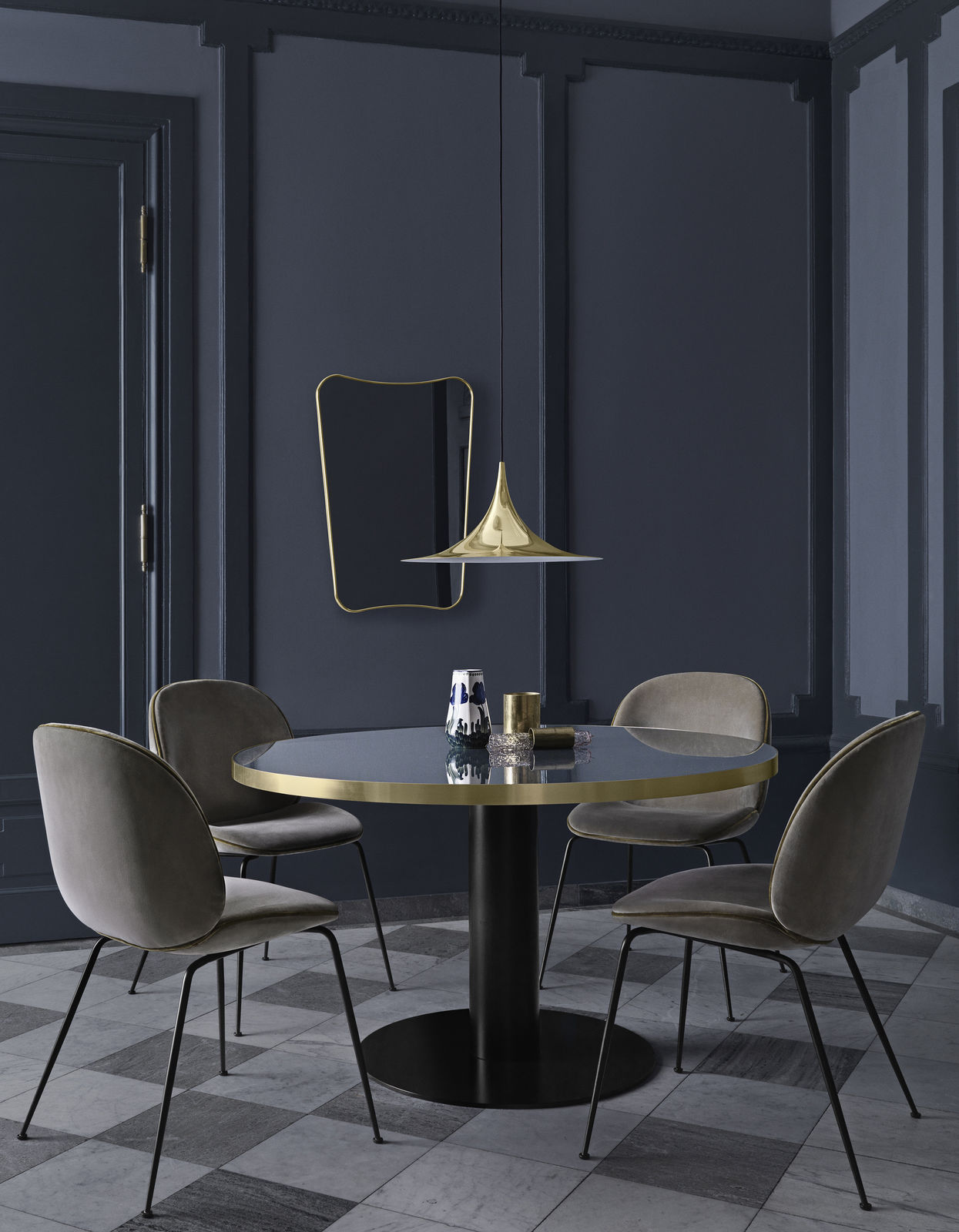 F.A. 33 mirror_Beetle chair - Velluto di Cotone 294, piping 1180_Gubi table 2.0 - granite grey_Semi pendant Ø47- brass-1600x1600