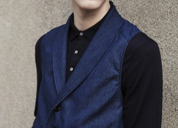 The shawl collar waistcoat_denim_portrait