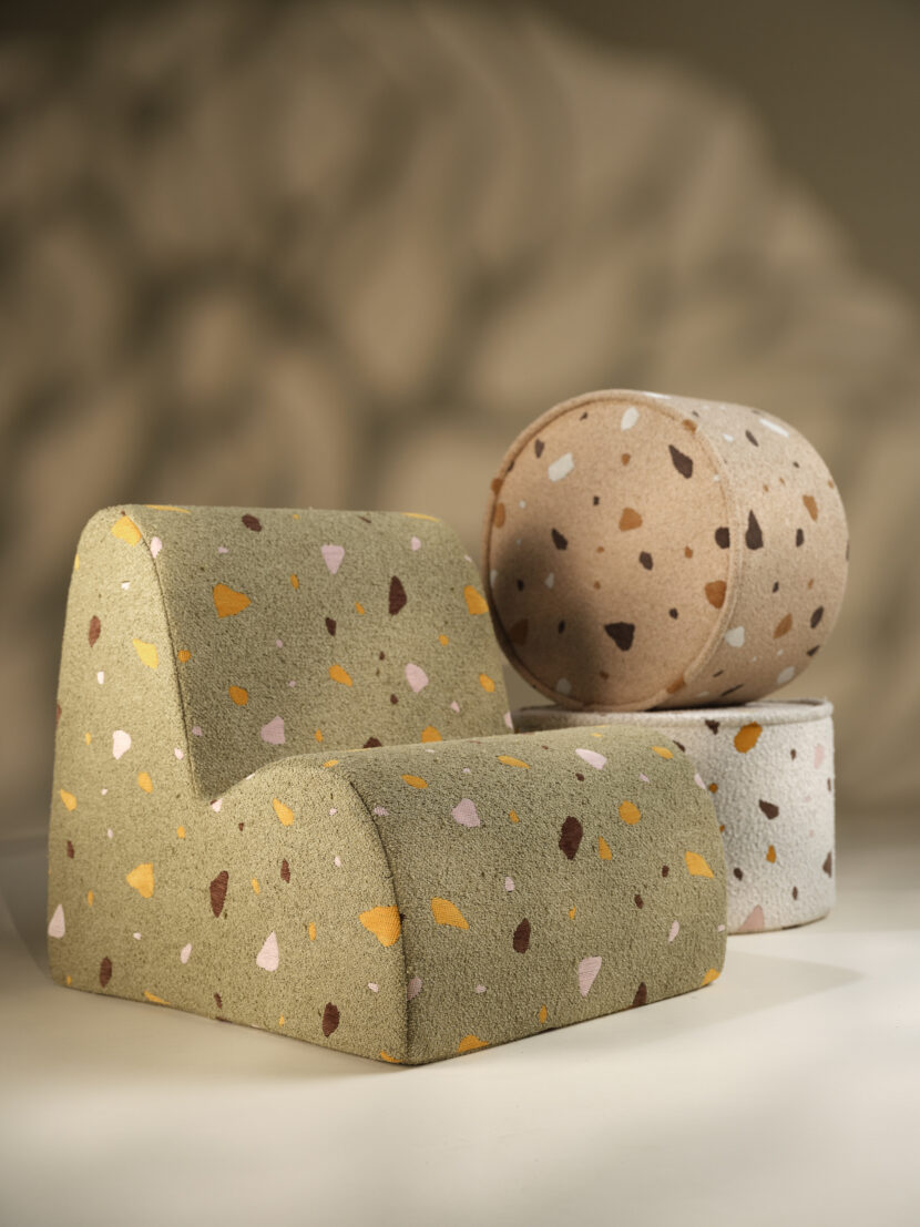 Wigiwama_Terrazzo_Moss_Cloud_Chair_and_Sand_Pouffe