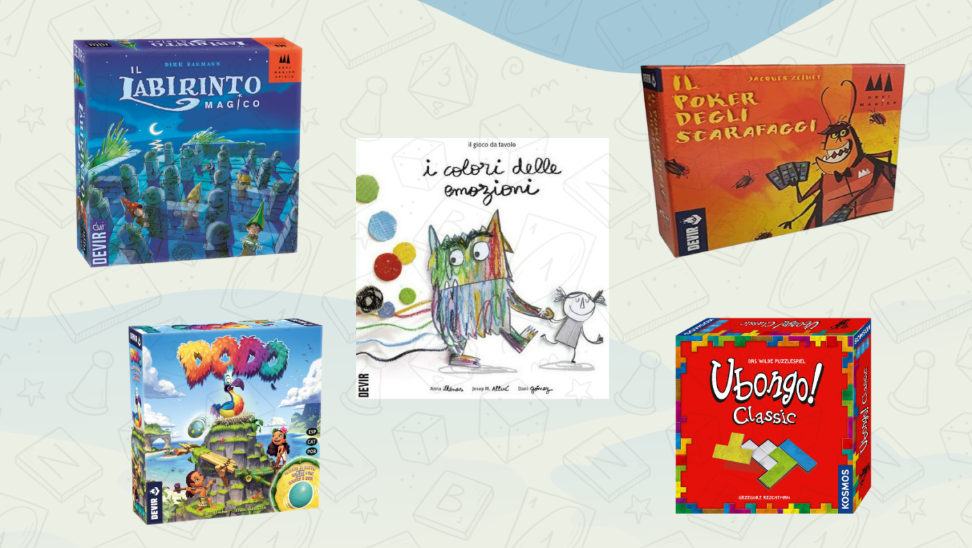Cinque giochi Devir perfetti per tutta la famiglia tra logica, emozioni, bluff e cooperazione. Titoli semplici da imparare ma capaci di coinvolgere grandi e piccoli.